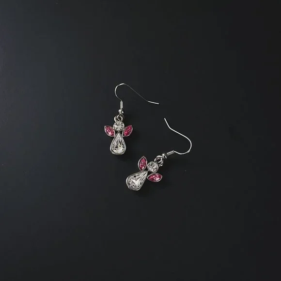 Dainty Silver Angel Crystal Rhinestone Pink Wings October Birthstone Earrings - Picture 6 of 7